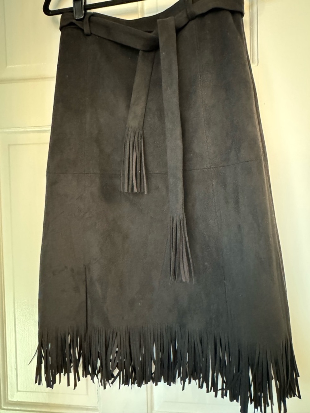 Faux Suede Fringe Midi Skirt in black